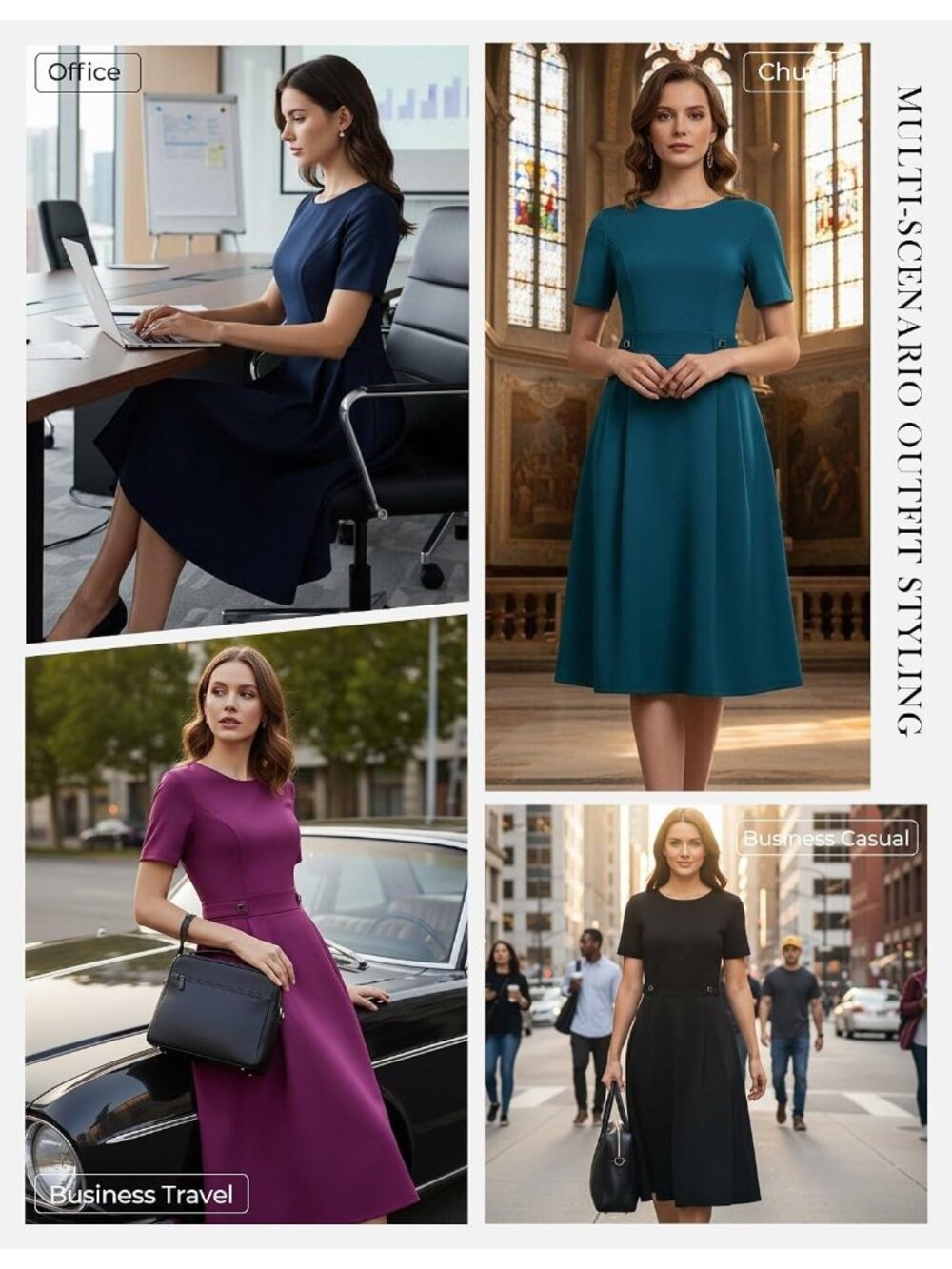 〽️ Women's Black Short Sleeve A Line Pockets Church Work Office Midi Dress - Picture 2 of 6